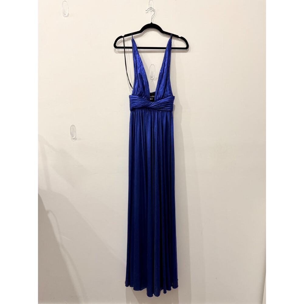 Retrofete Metallic Plunging V-Neck Empire Waist Pleated Maxi Dress Royal Blue XS